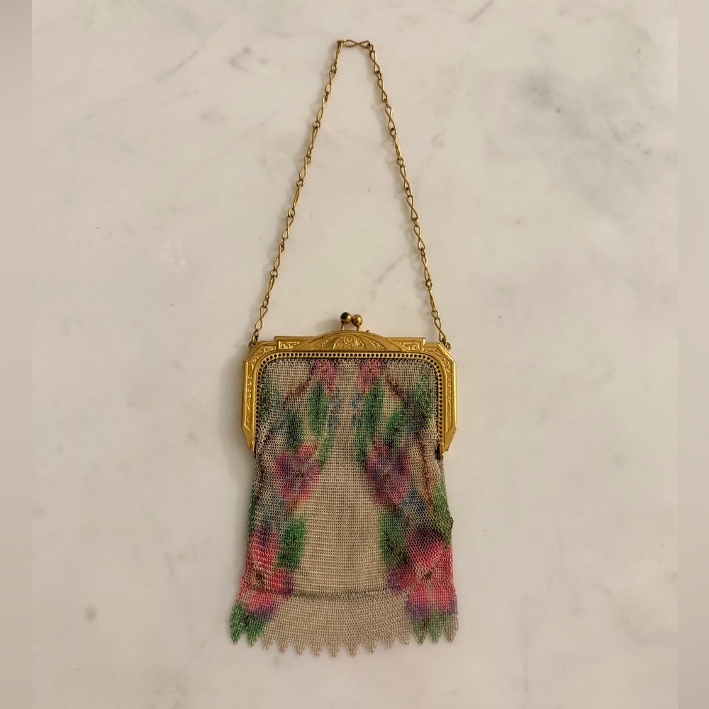 Vintage Whiting and Davis 1920 Floral Mesh Evening Bag with Gold Frame Wristlet